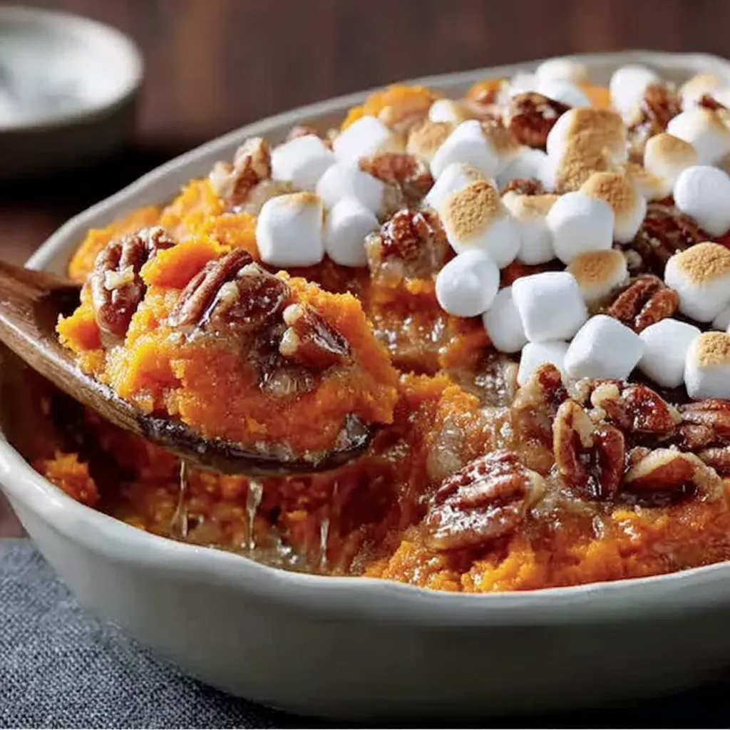 Pecan Southern Sweet Potato Casserole before baking with marshmallows