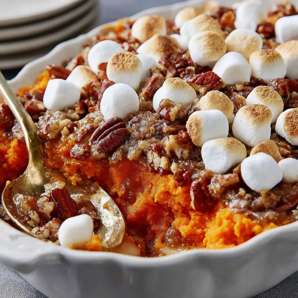Close up of toasted pecans and golden marshmallows on casserole