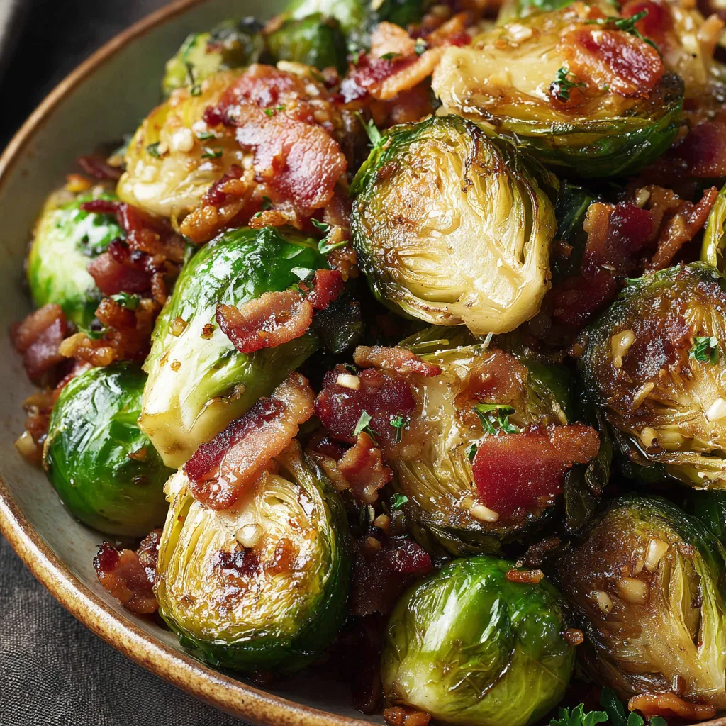Roasted Brussels sprouts with bacon on a baking sheet