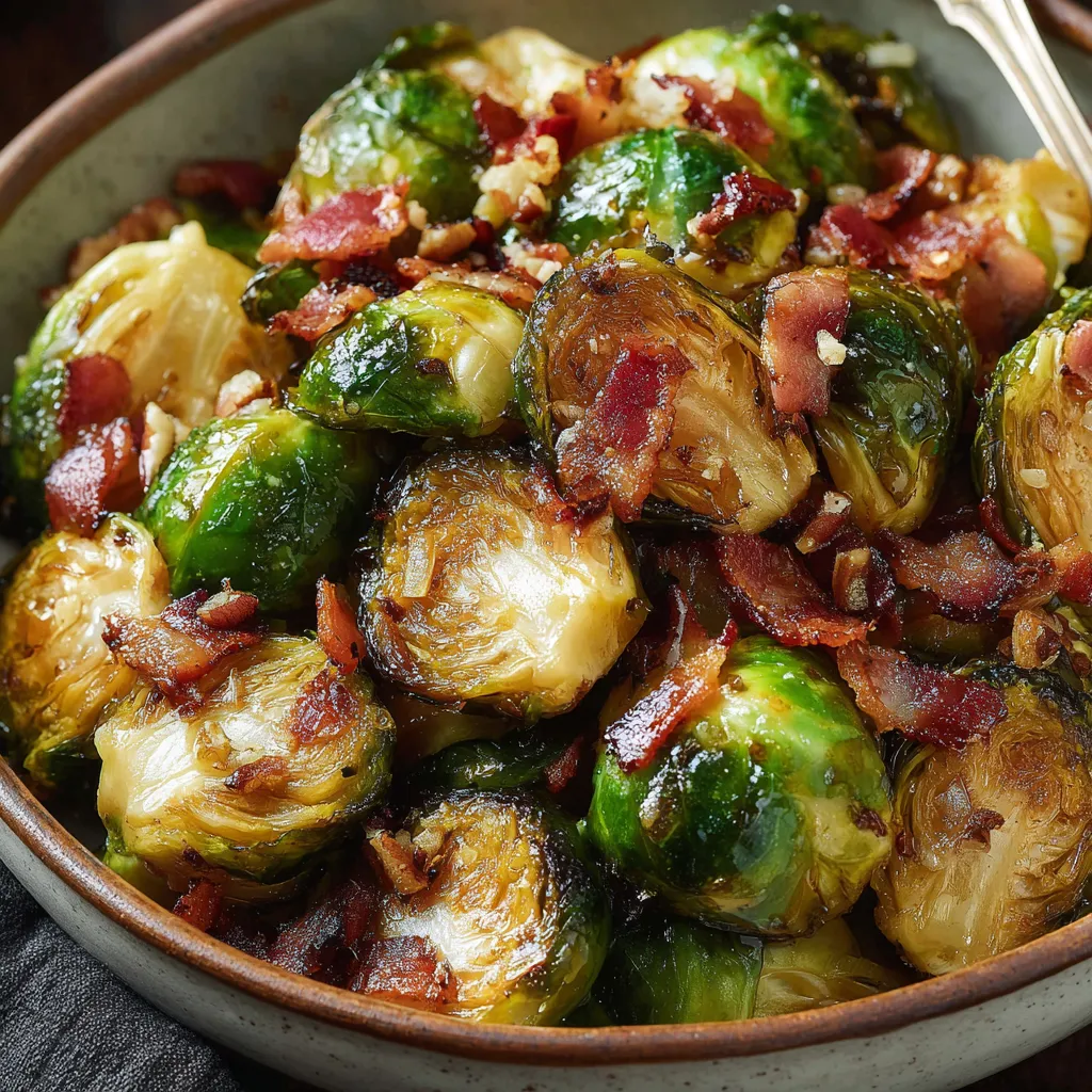 Serving bowl of glazed Brussels sprouts with bacon