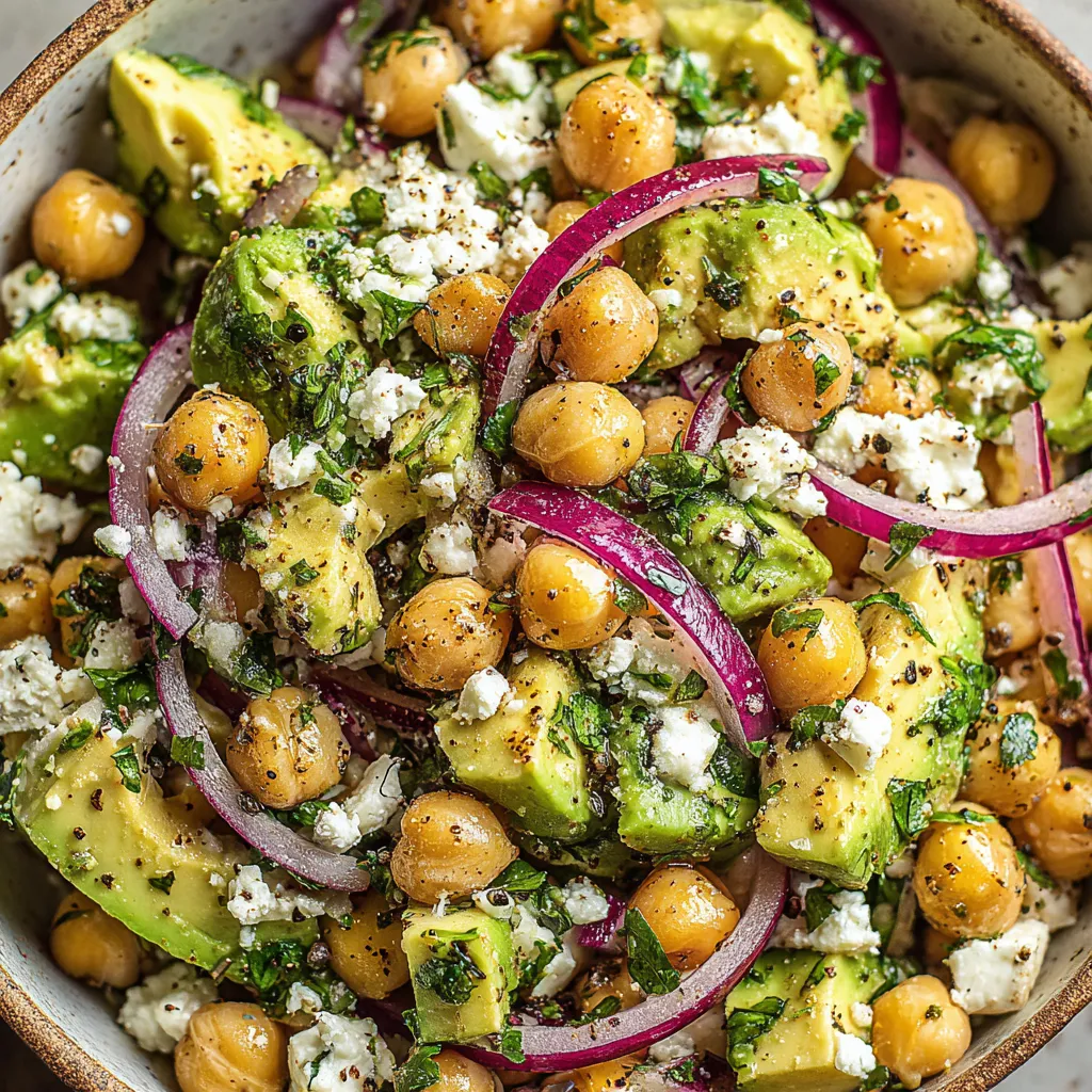 Chickpea feta avocado salad in a bowl with herbs