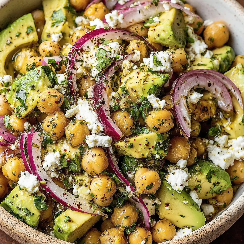 Close up of salad showing chickpeas avocado and feta
