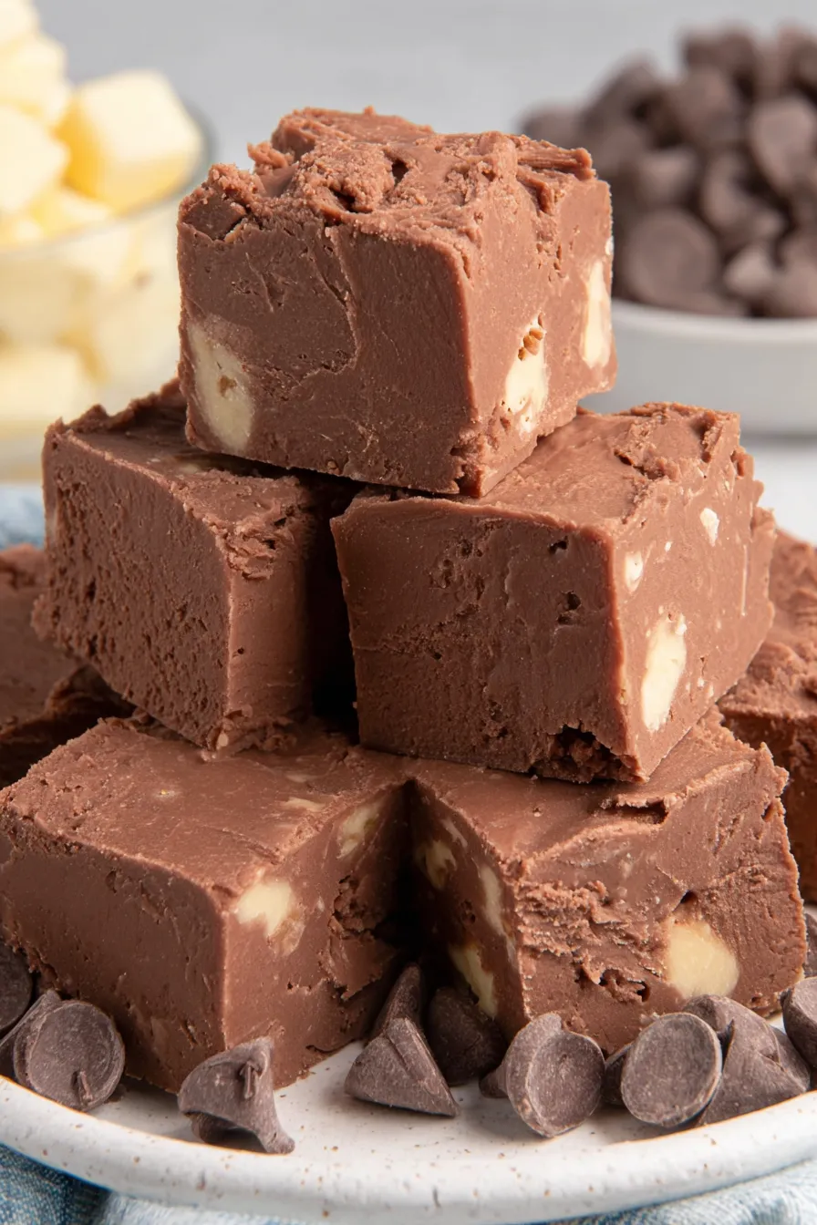 Sliced 1-inch squares of fantasy fudge arranged on a serving plate
