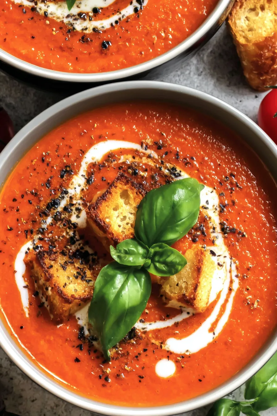 Bowl of roasted tomato soup garnished with basil