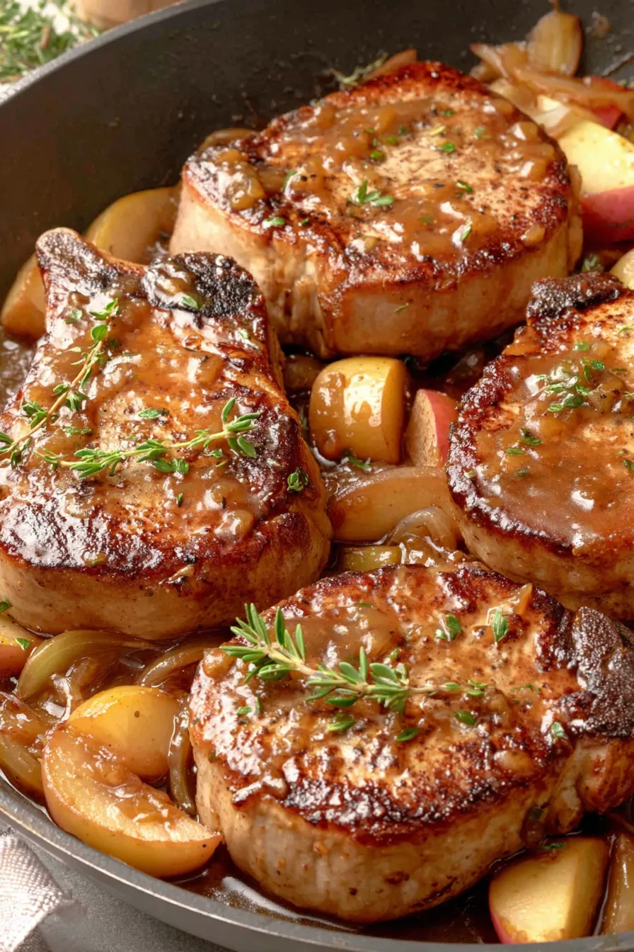 Finished pork chops plated with apple butter sauce and mustard seeds