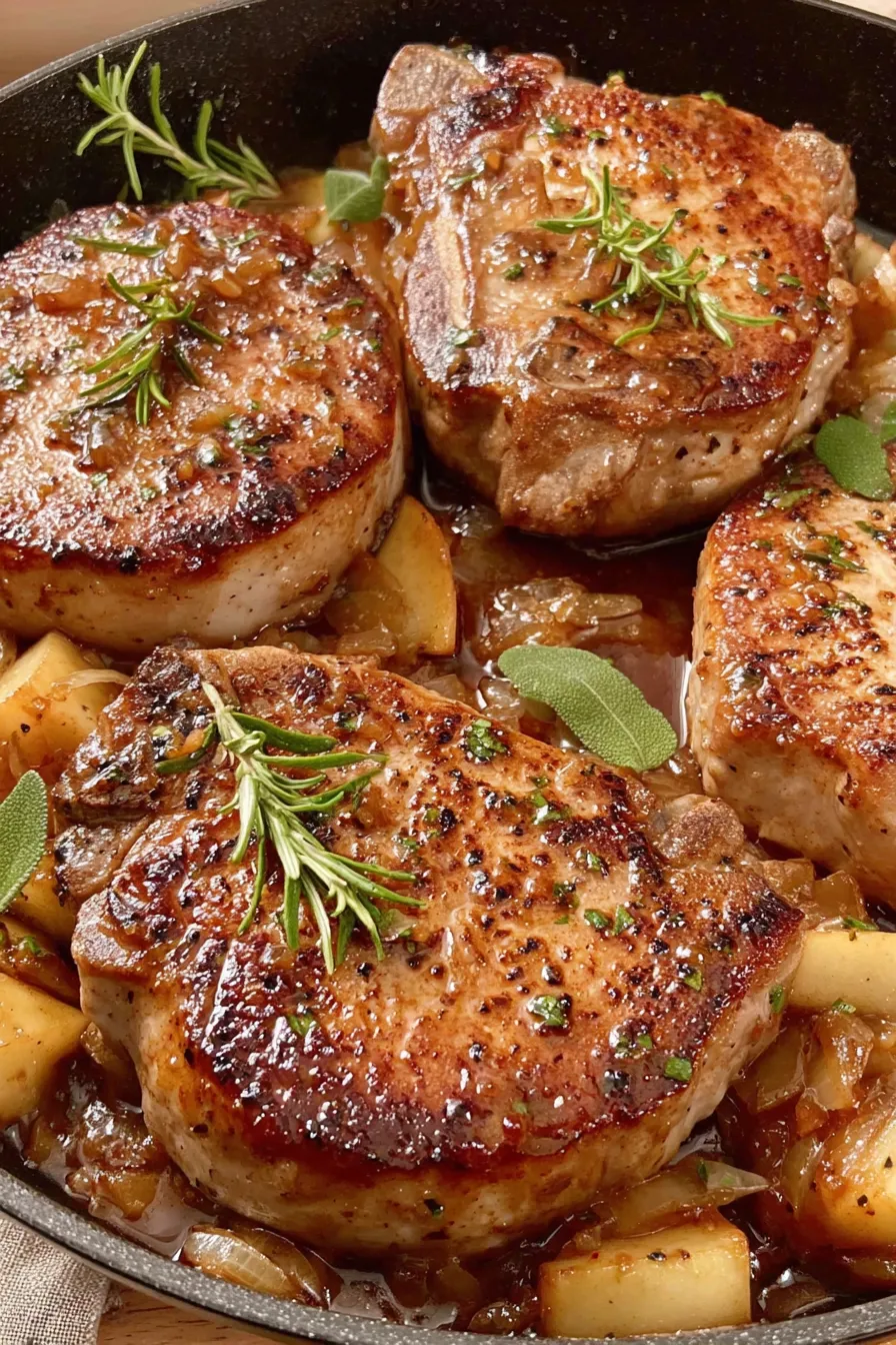 Pork chops searing in a skillet with apples and onions