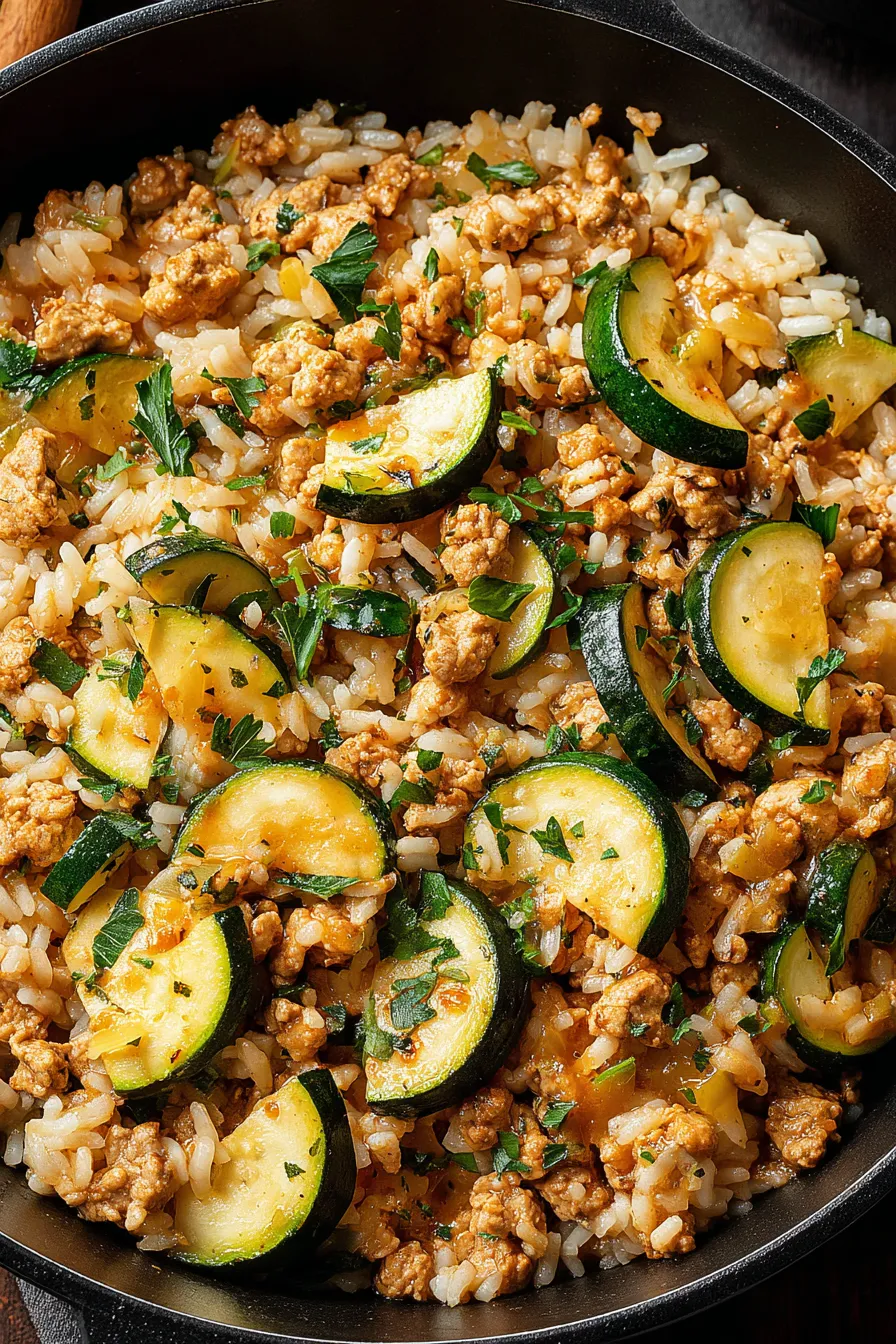 Ground chicken zucchini rice in skillet, steaming and garnished