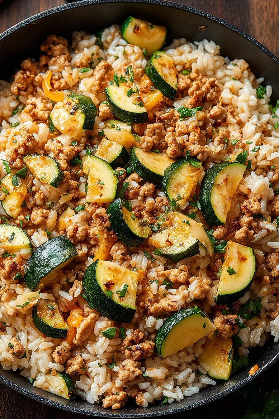 Close up of spoon scooping rice and ground chicken from skillet