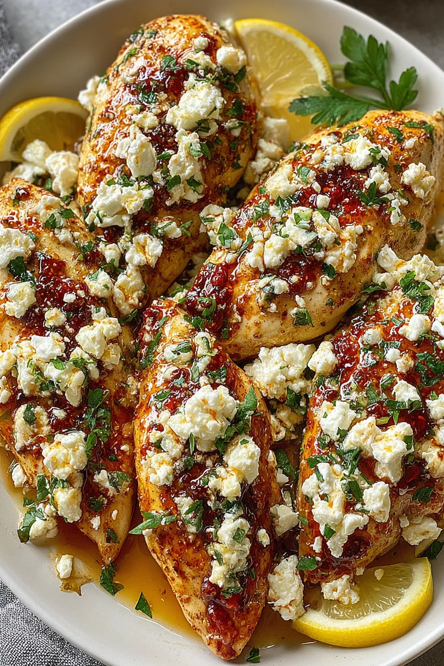 Hot honey feta chicken in skillet with melted cheese
