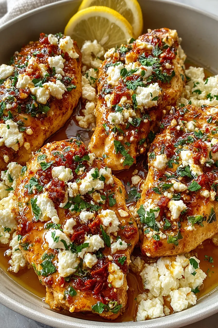 Close-up of honey glazed feta on baked chicken
