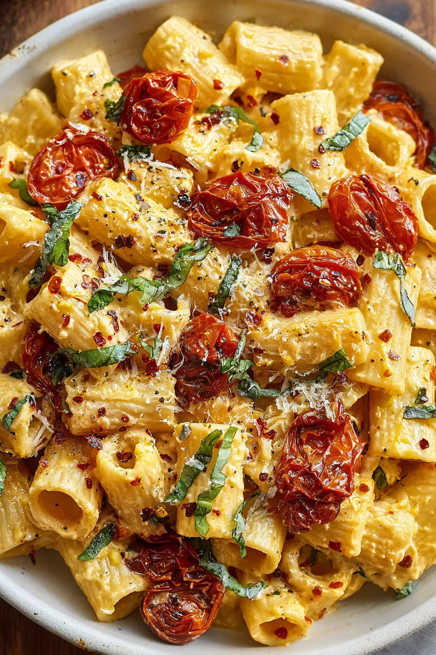 Roasted cherry tomatoes and garlic on a baking sheet