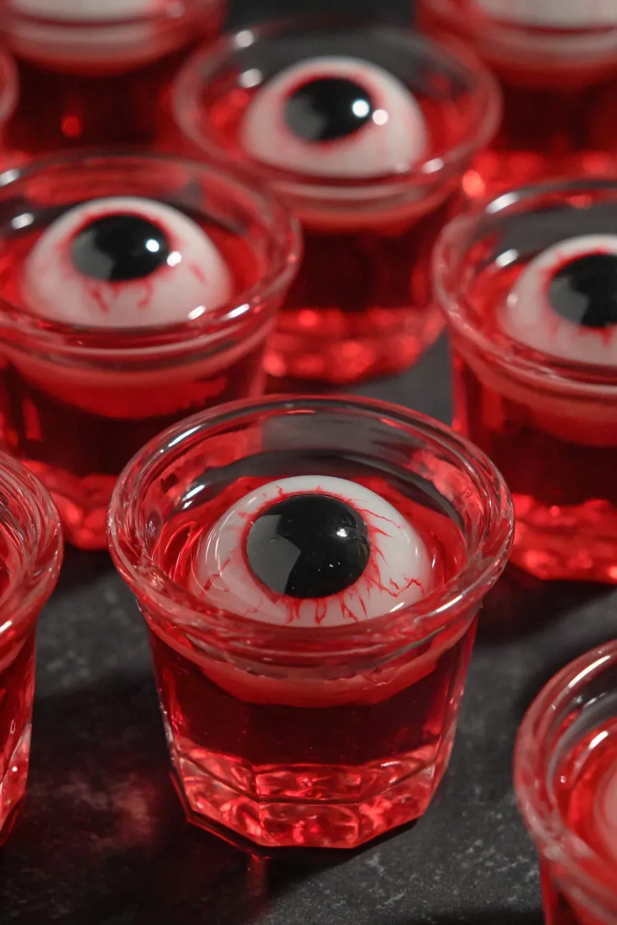 Close up of candy eyeball on a jello shot
