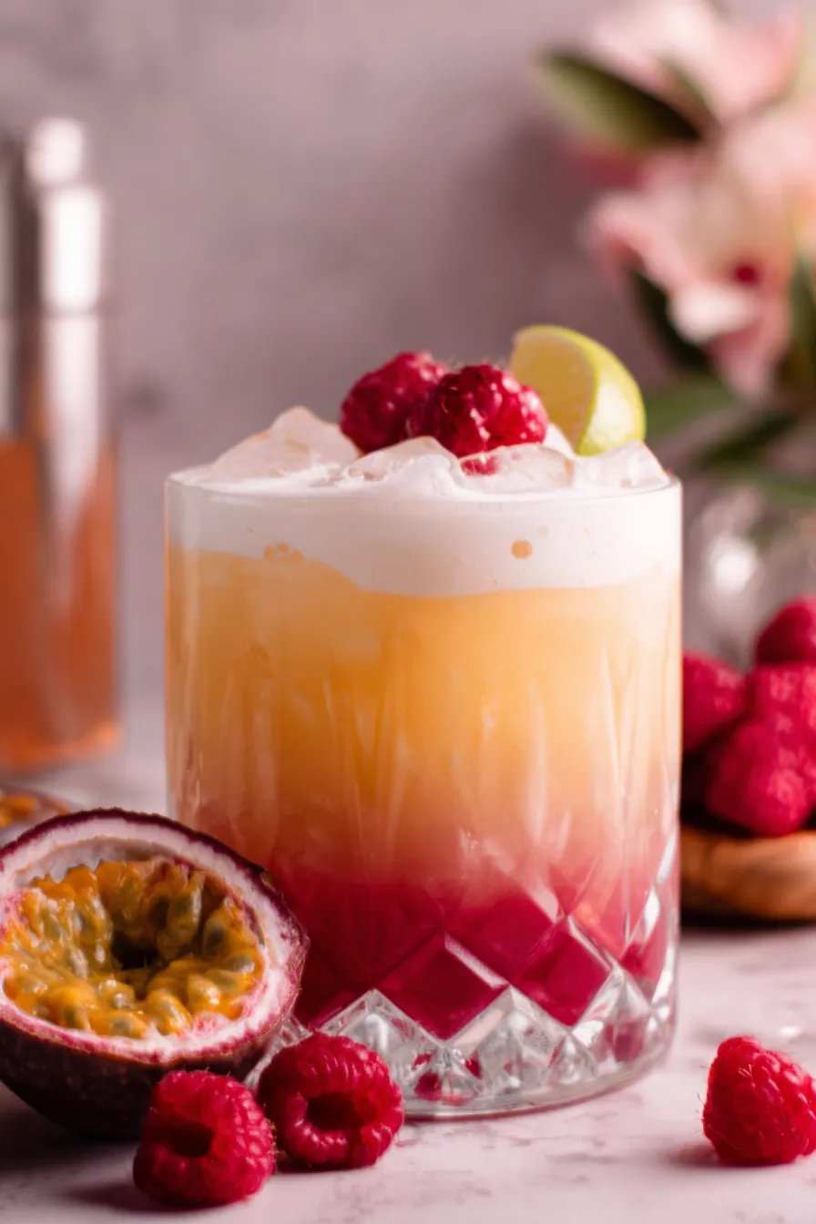 Raspberry Passionfruit Tequila Sour in coupe glass with raspberries