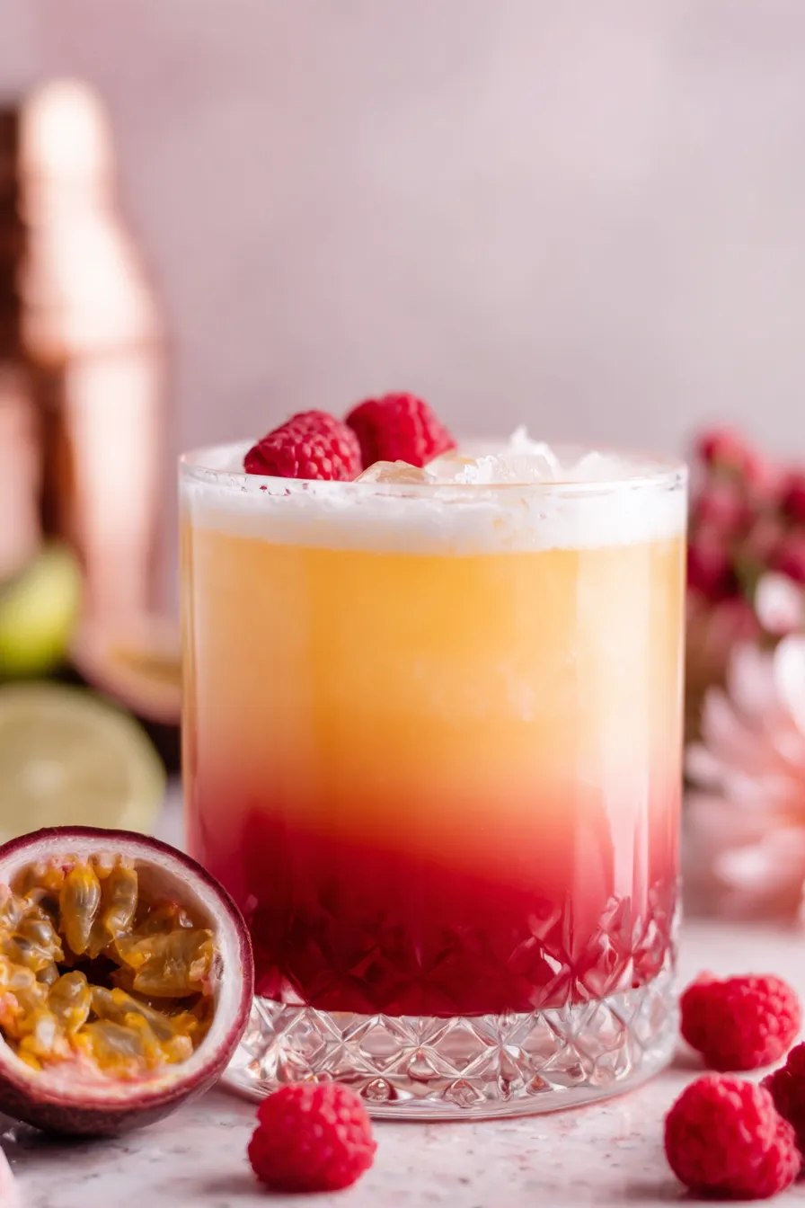 Two Raspberry Passionfruit Tequila Sours on a table