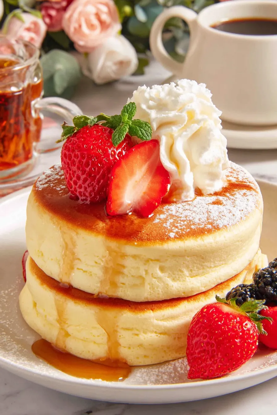 Tall Japanese soufflé pancakes cooking in a skillet
