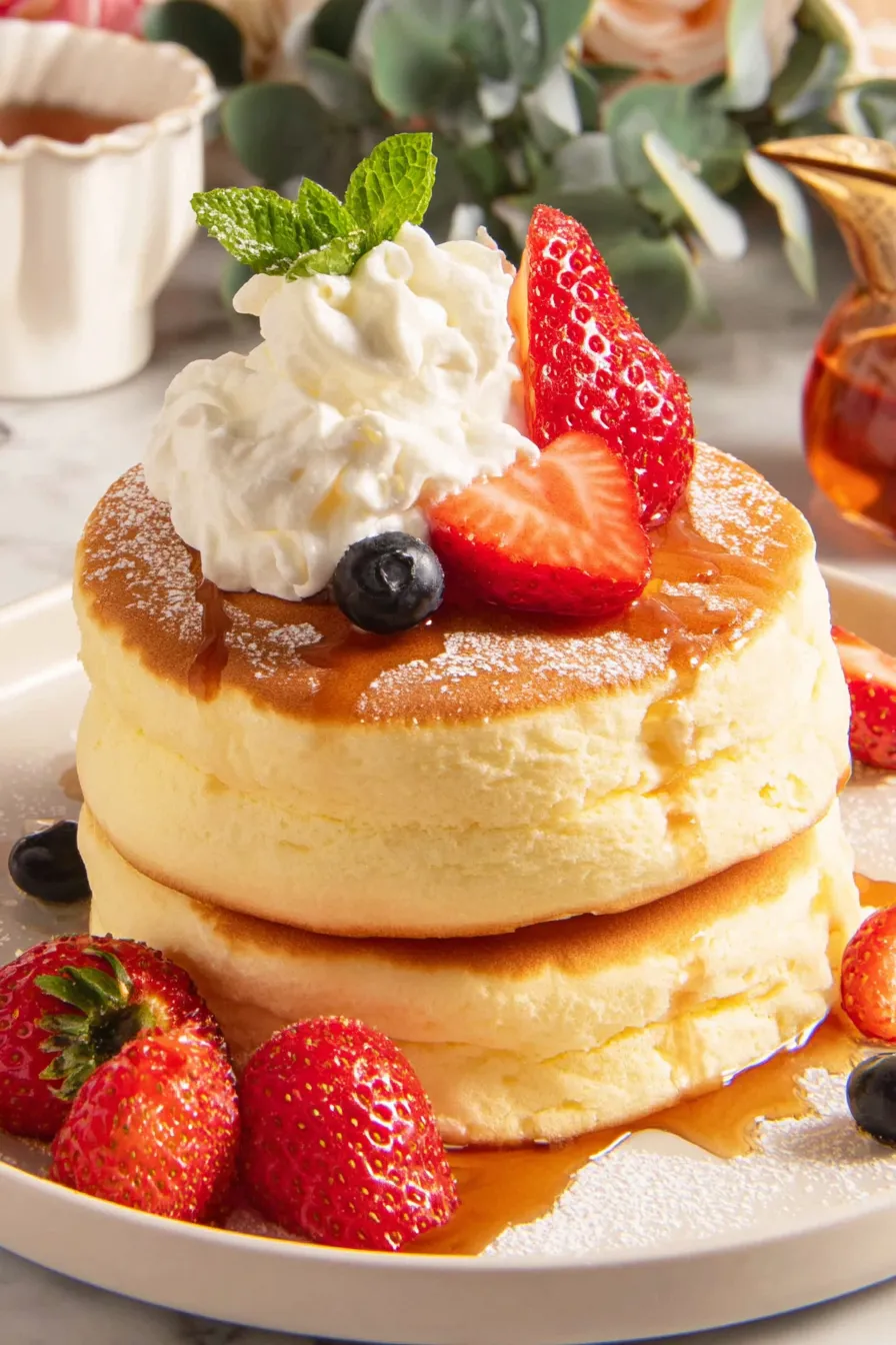 Plated soufflé pancakes with whipped cream and berries