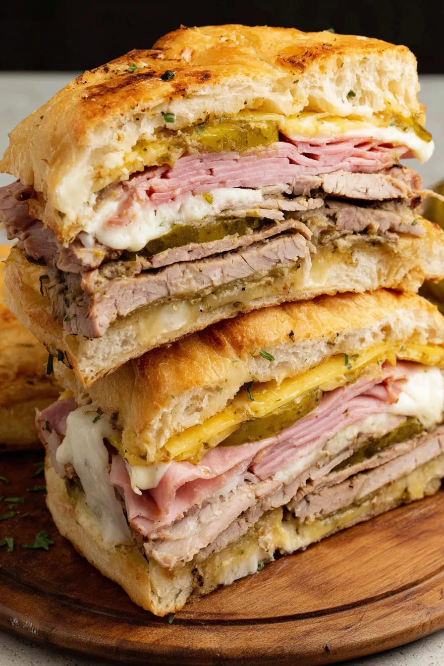 Sliced Cuban sandwich on a board