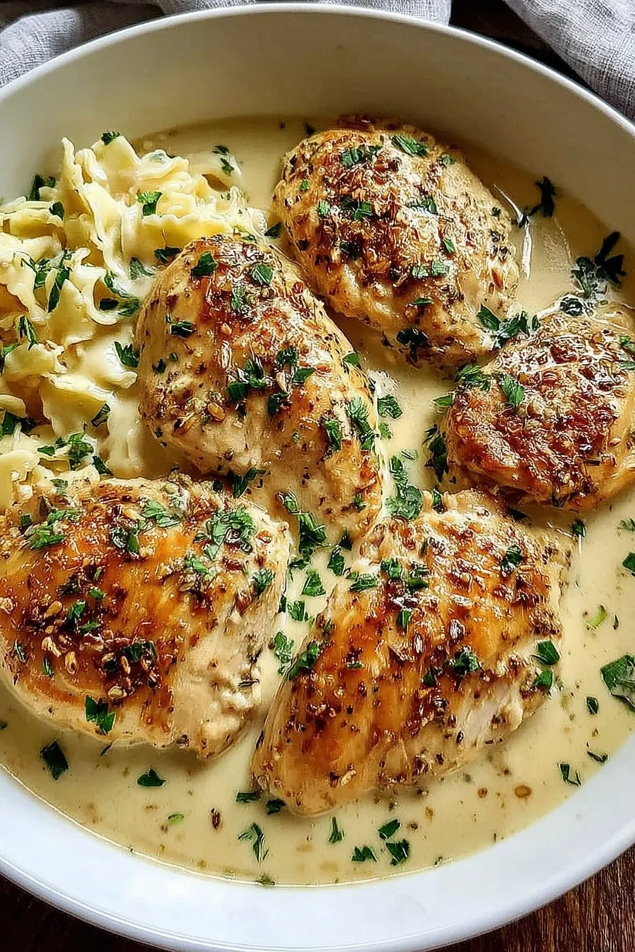 Serving suggestion for Angel Chicken over rice with parsley garnish