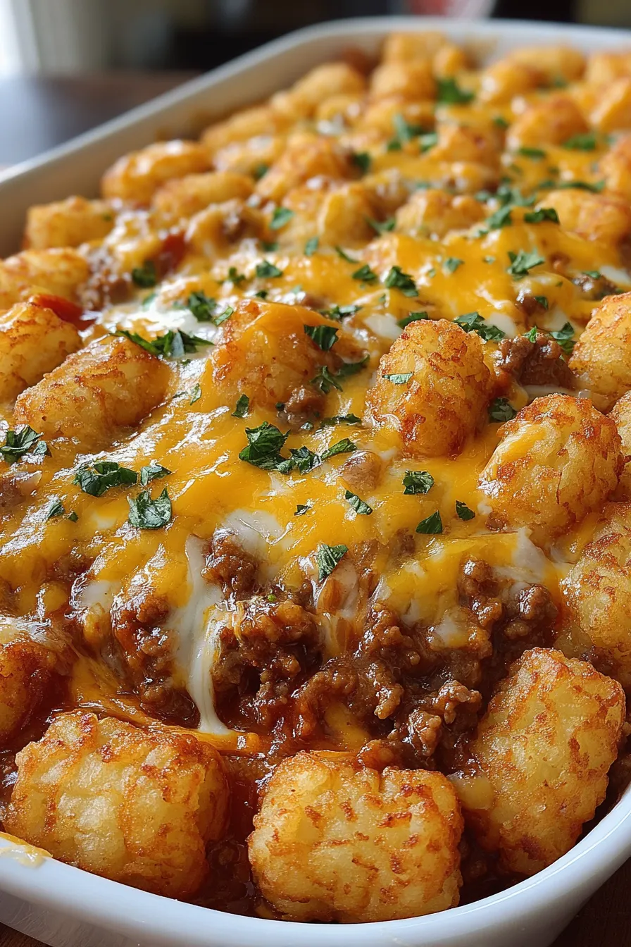 Golden tater tots crowning a cheesy casserole