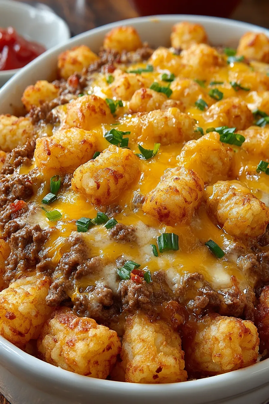 Close-up of melted cheddar over crispy tater tots