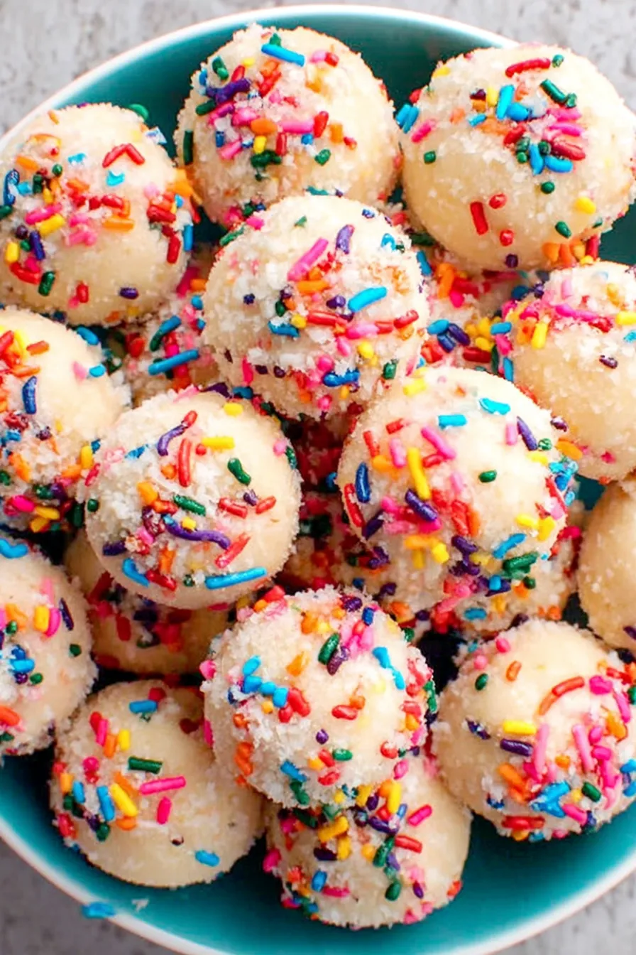 Close up of birthday cake protein balls on a tray