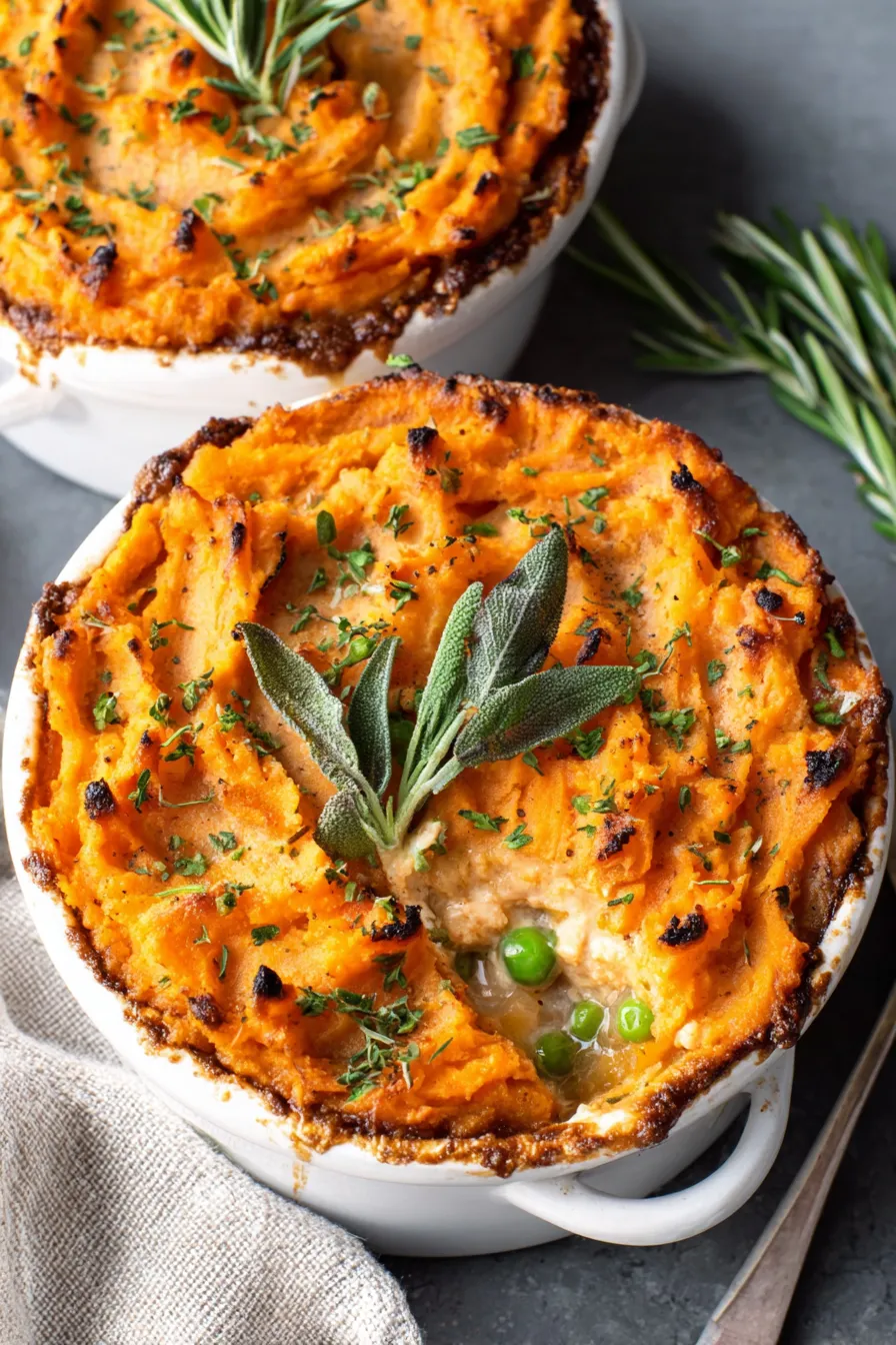 Turkey pot pie with mashed sweet potato topping