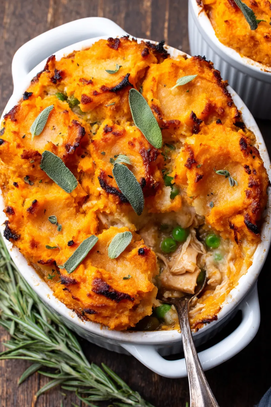 Individual ramekin turkey pot pies with mashed topping