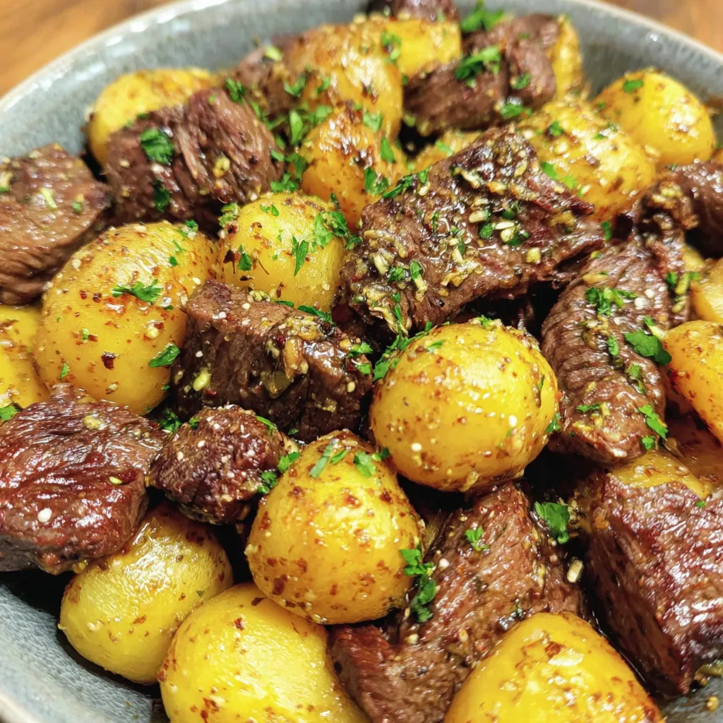 Slow Cooker Garlic Butter Beef Bites with Potatoes