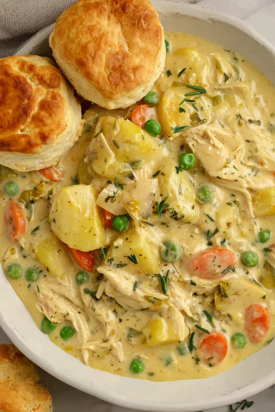 Slow cooker chicken pot pie filling in a crockpot