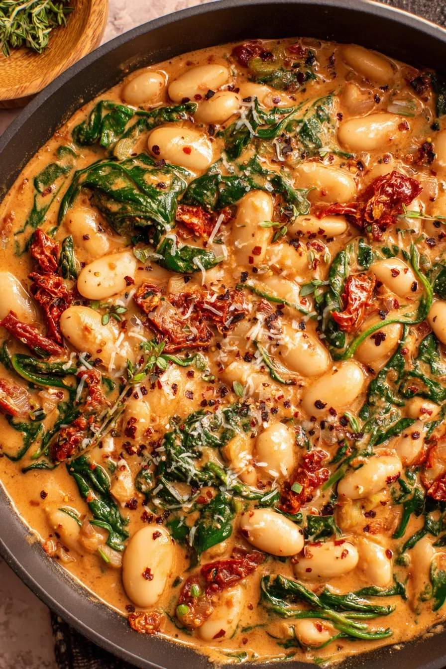 Skillet of Tuscan butter beans with sun-dried tomatoes and spinach