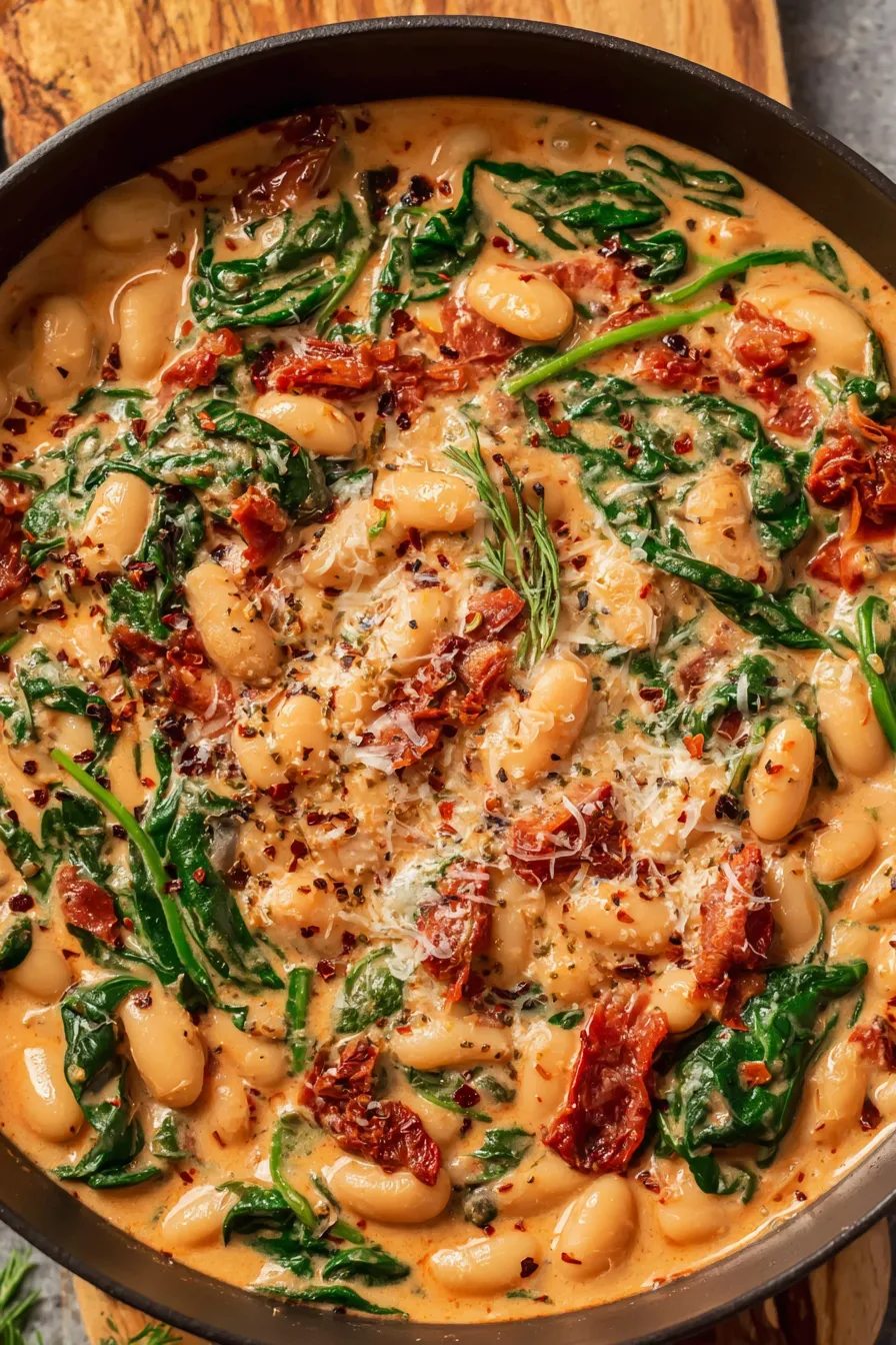 Close-up of creamy butter beans in skillet with Parmesan