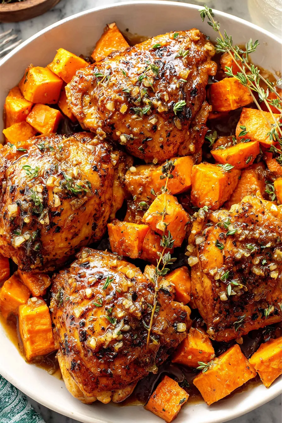 Maple glazed chicken and sweet potatoes on a sheet pan