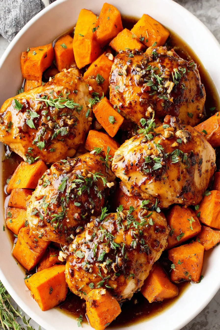 Close-up of maple glaze pooling around chicken