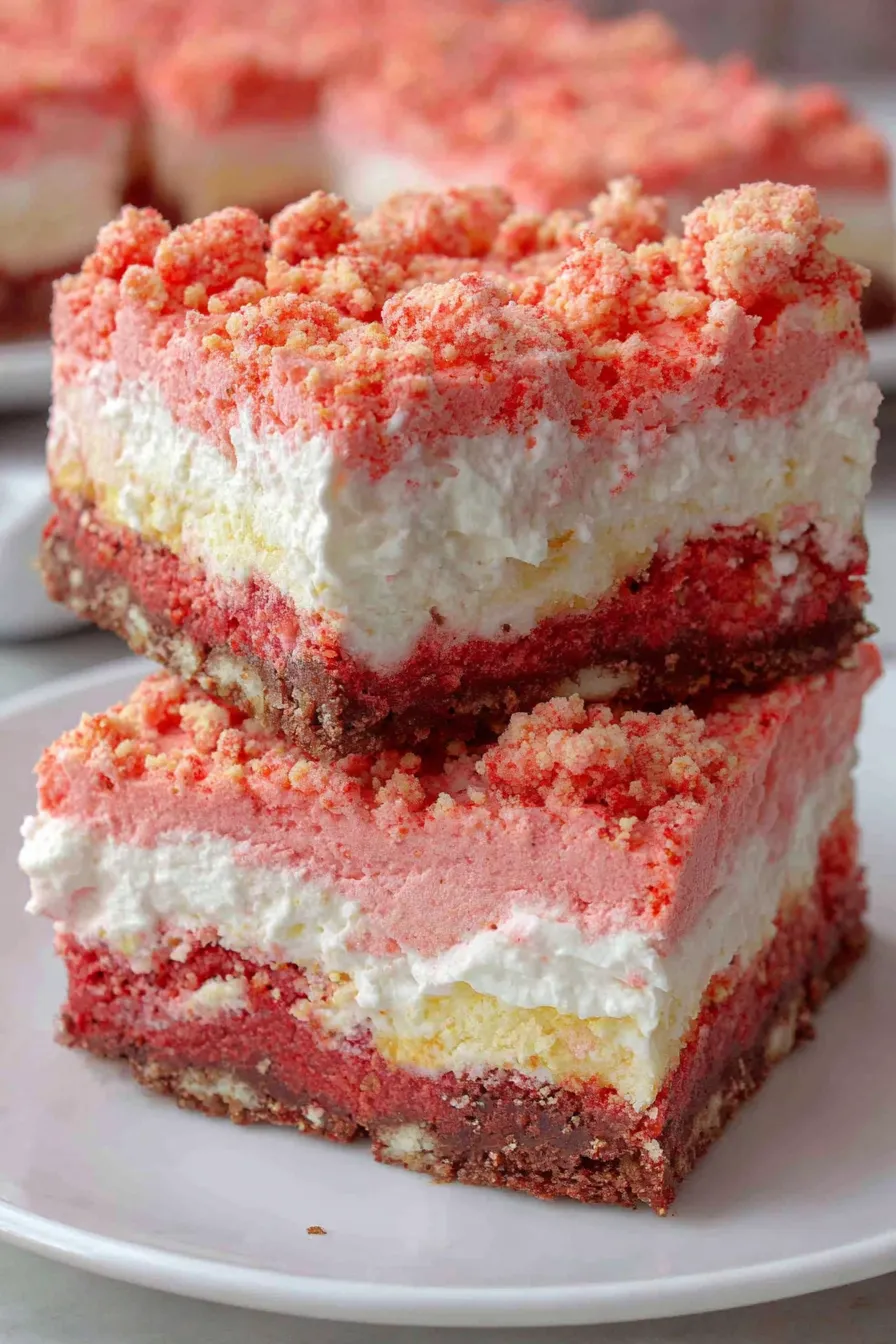 Strawberry crunch bars layered in a baking dish