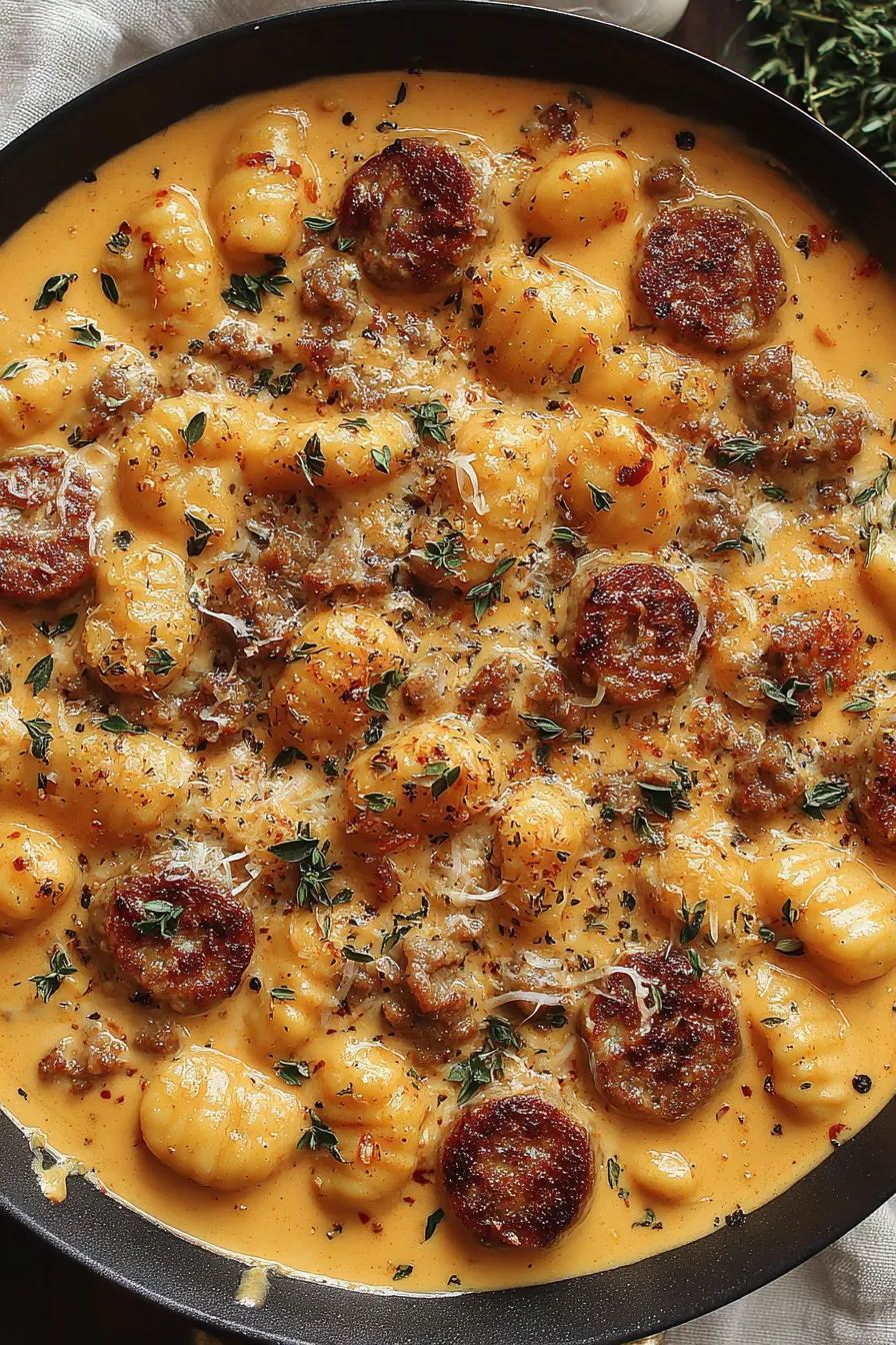 Sausage and gnocchi browning in skillet