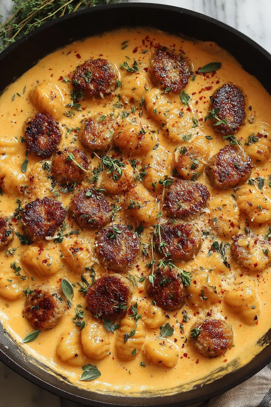 Creamy squash gnocchi served and garnished with fresh herbs