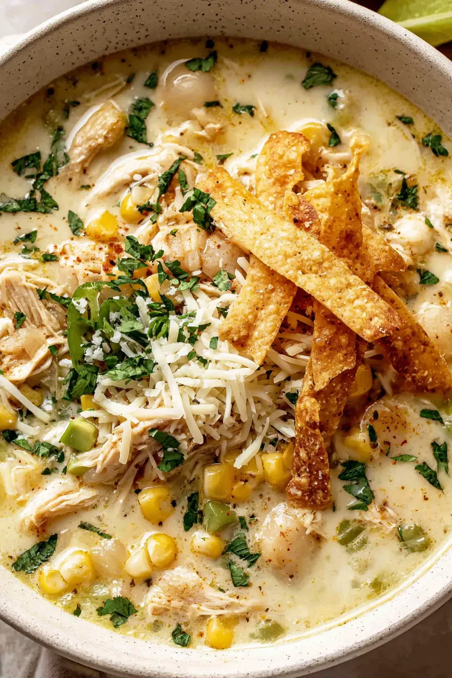 Bowl of creamy white chicken enchilada soup with toppings