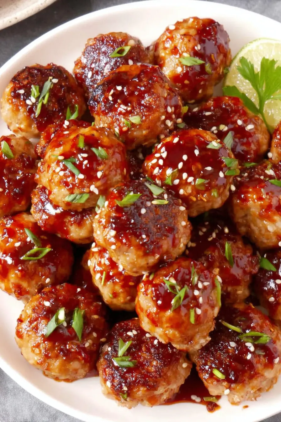 Close up of glazed chicken meatball with sesame seeds