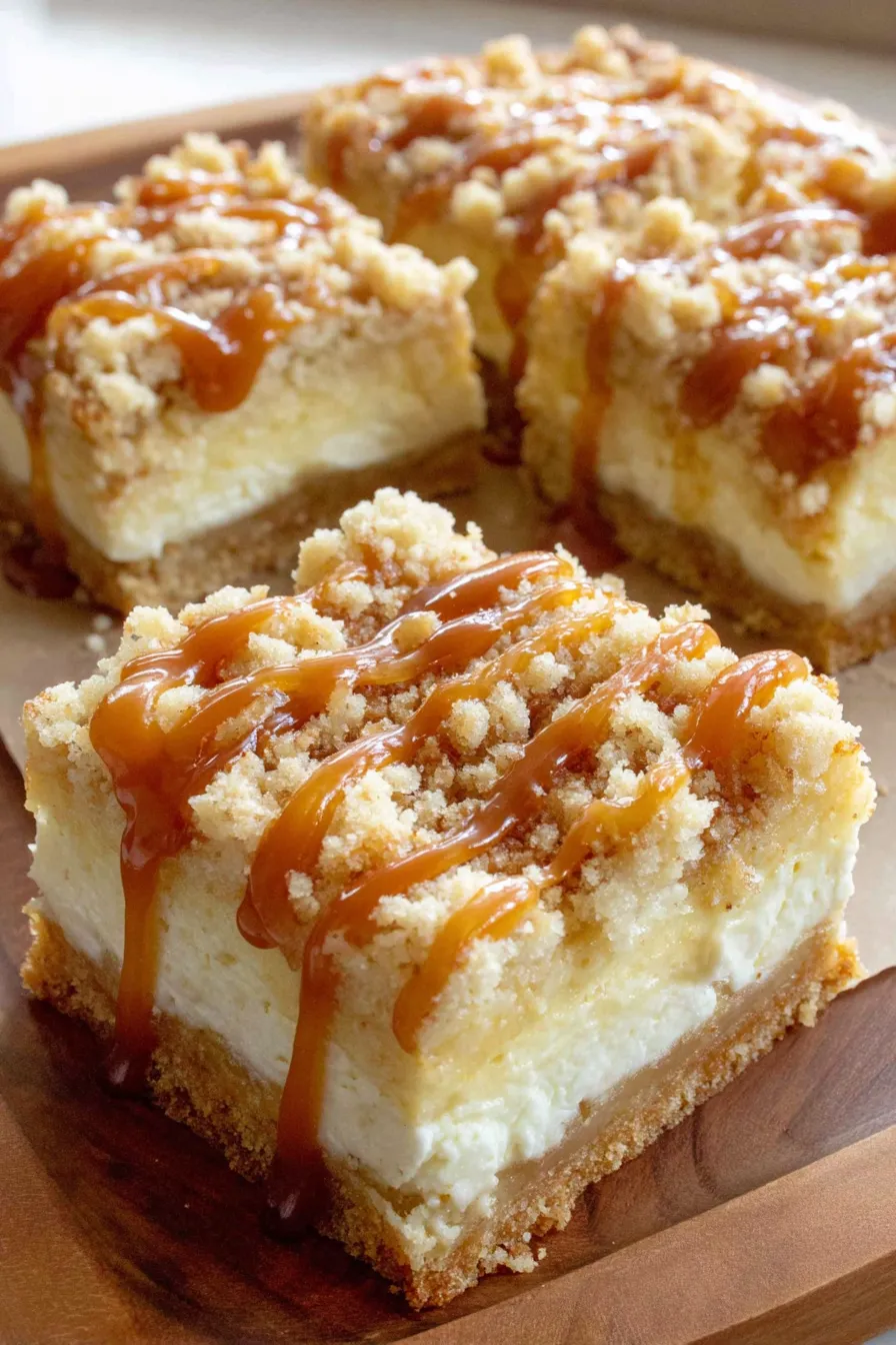 Caramel apple cheesecake bars on a cooling rack