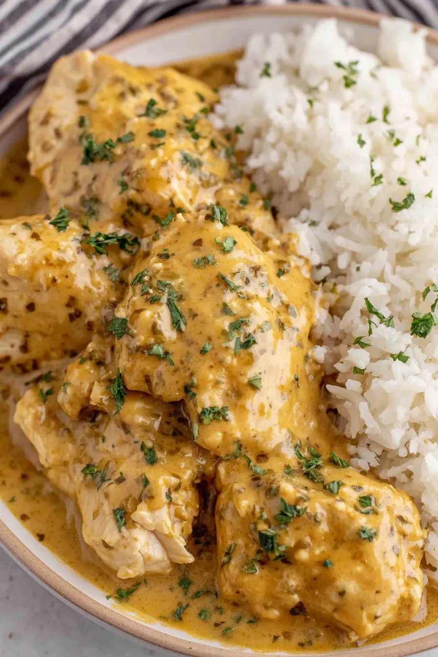 Plated chicken and gravy over rice with garnish