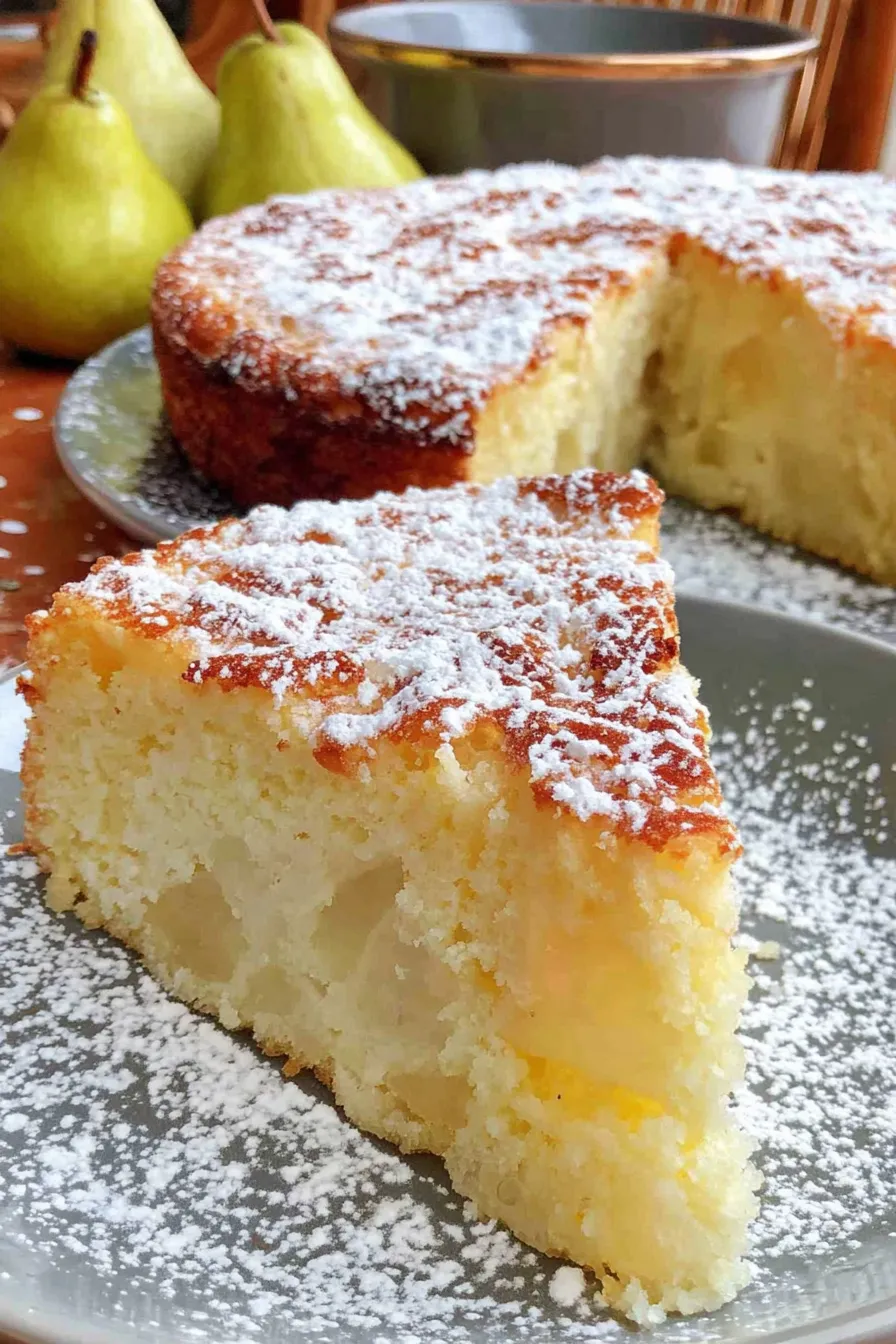 Close-up of cake slice showing pear pieces and tender crumb
