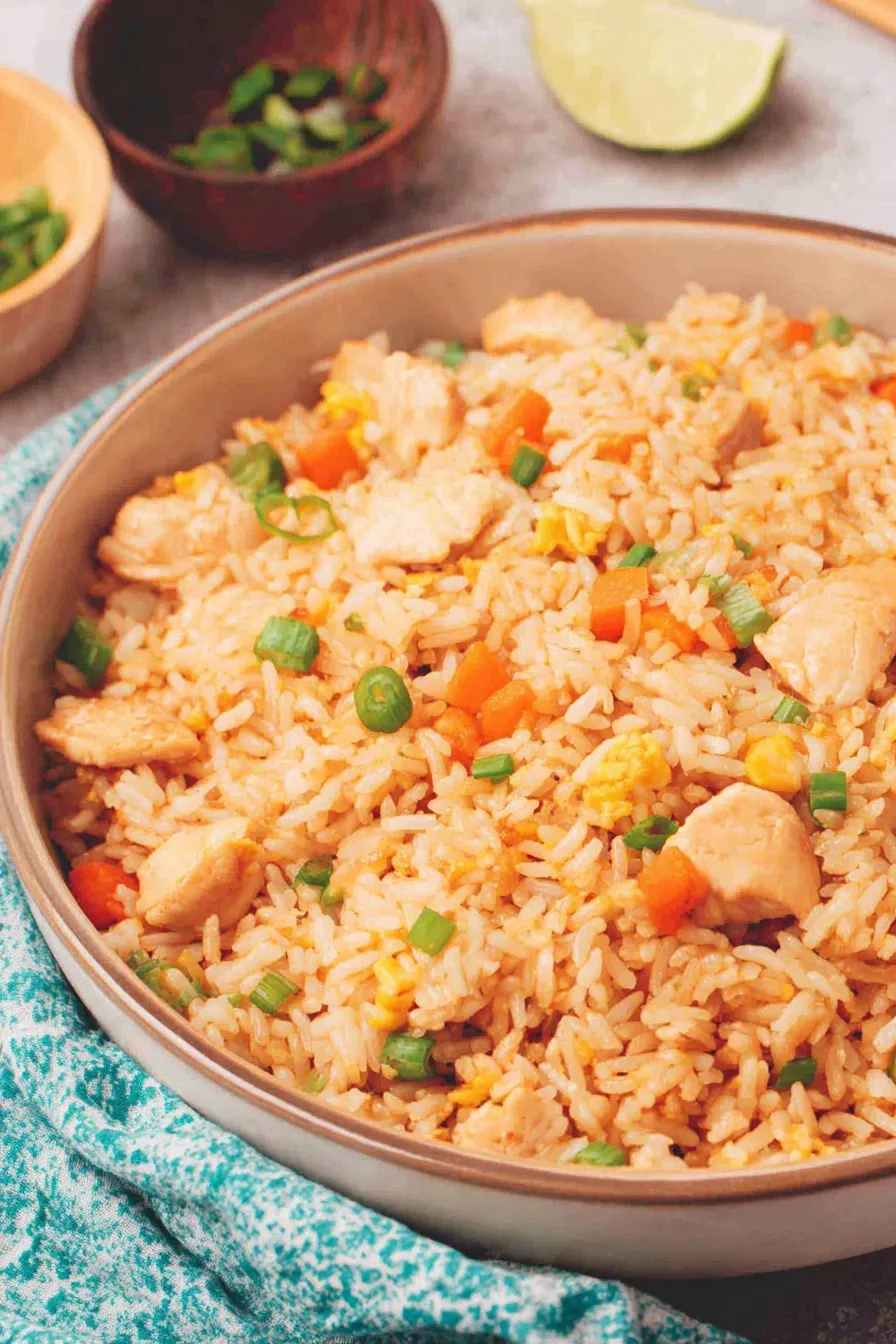 Sizzling chicken fried rice in a skillet