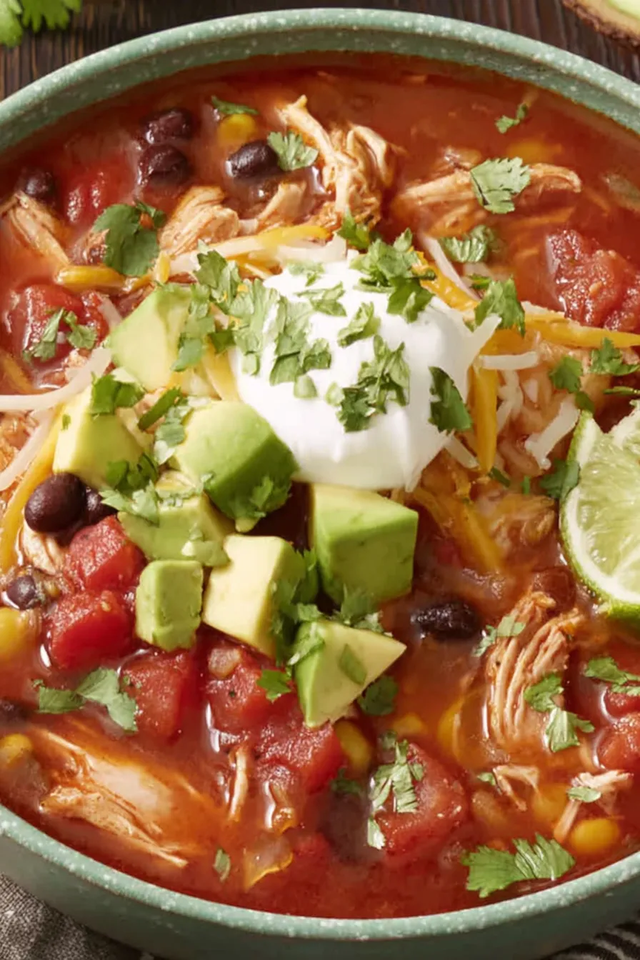 Slow cooker full of chicken tortilla soup with peppers