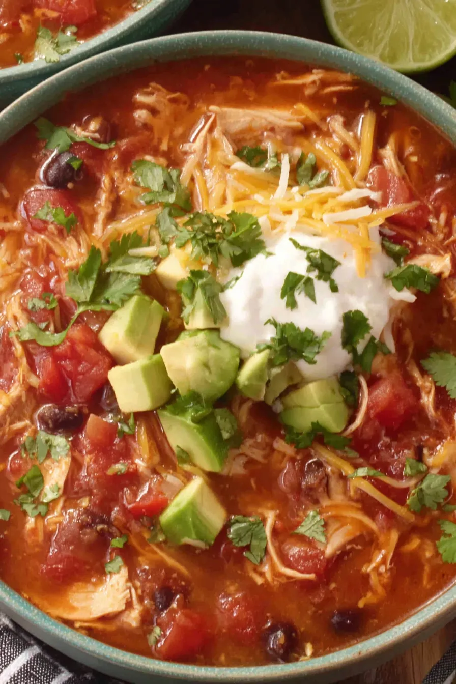 Bowl of chicken tortilla soup with avocado and cilantro
