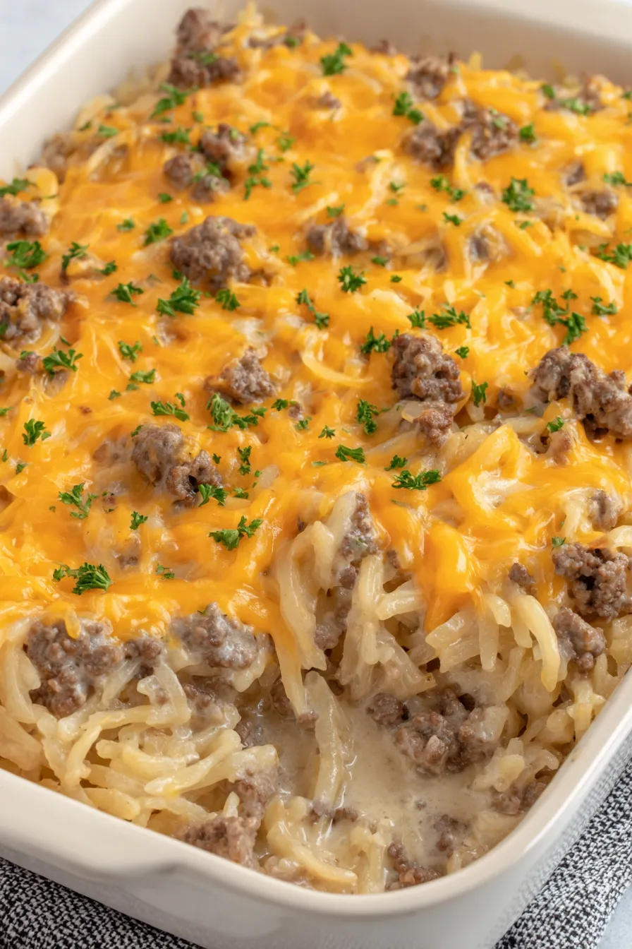 Close-up of hamburger hashbrown casserole bubbling with melted cheese