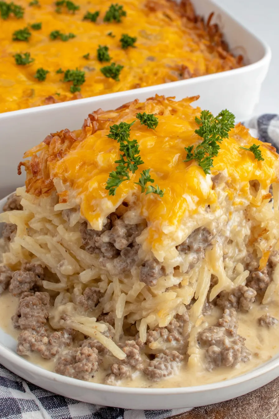 Baked casserole cooling on counter with parsley garnish