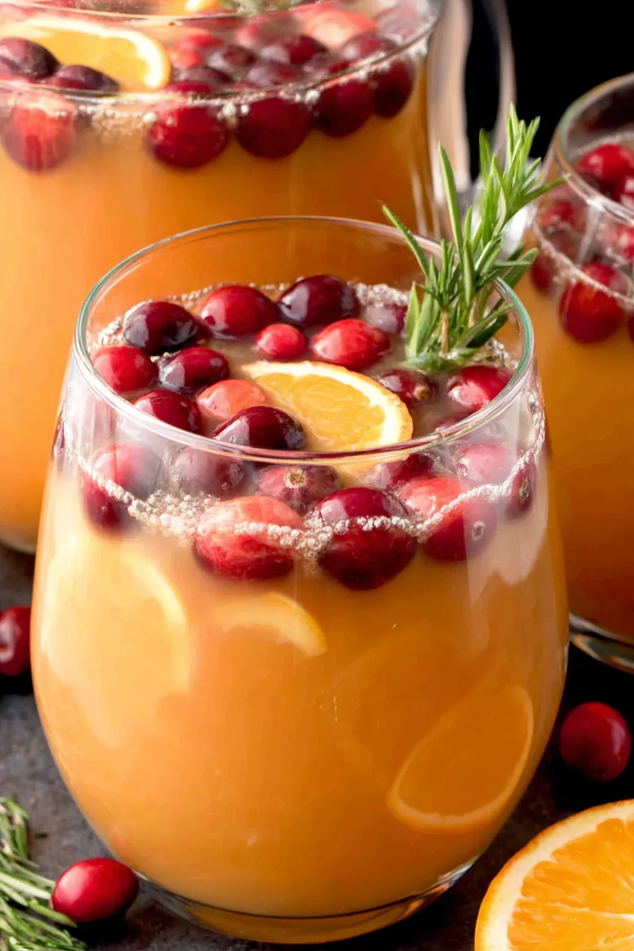 Christmas morning punch in a festive pitcher with orange slices