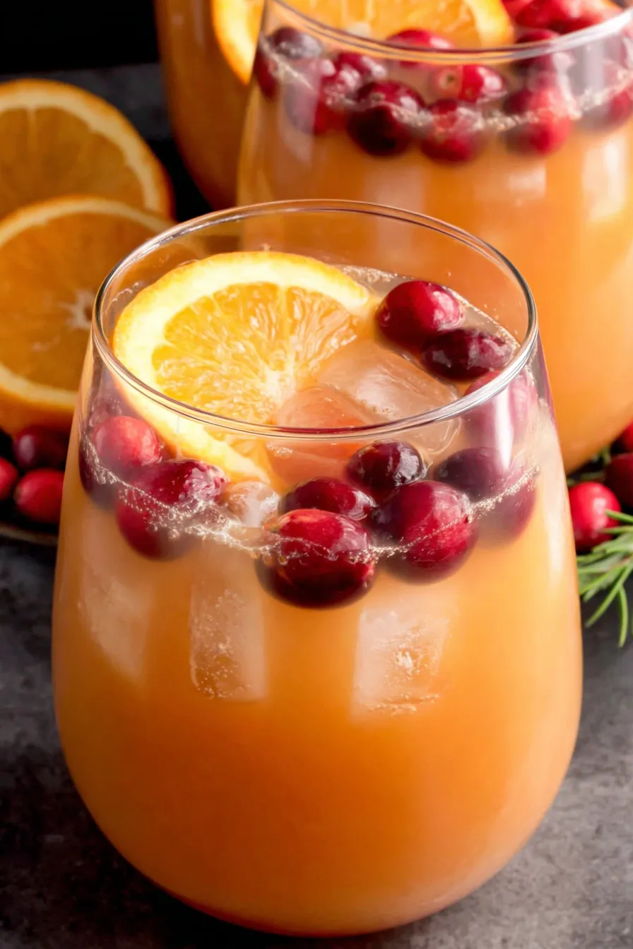 Glasses of holiday punch garnished with orange and cranberries