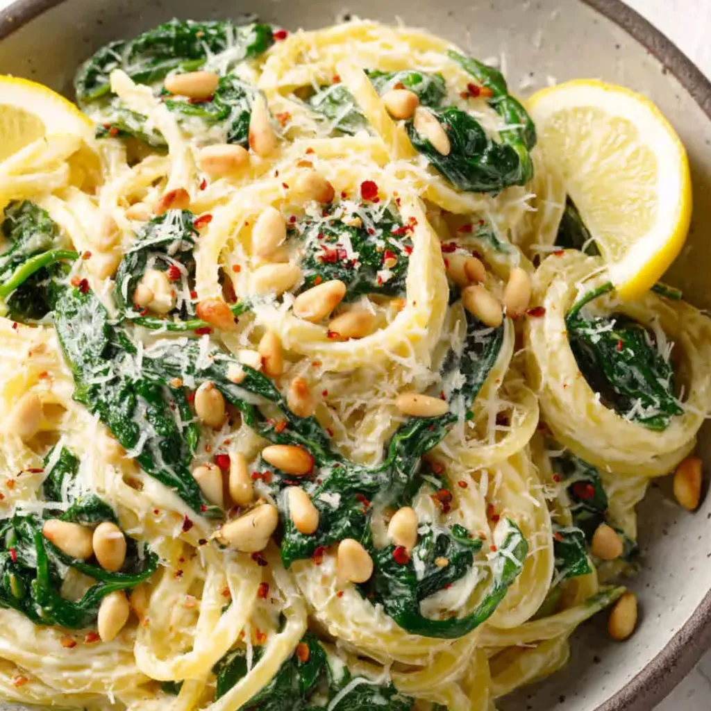 Creamy Lemon Ricotta Pasta with Spinach and Toasted Pine Nuts
