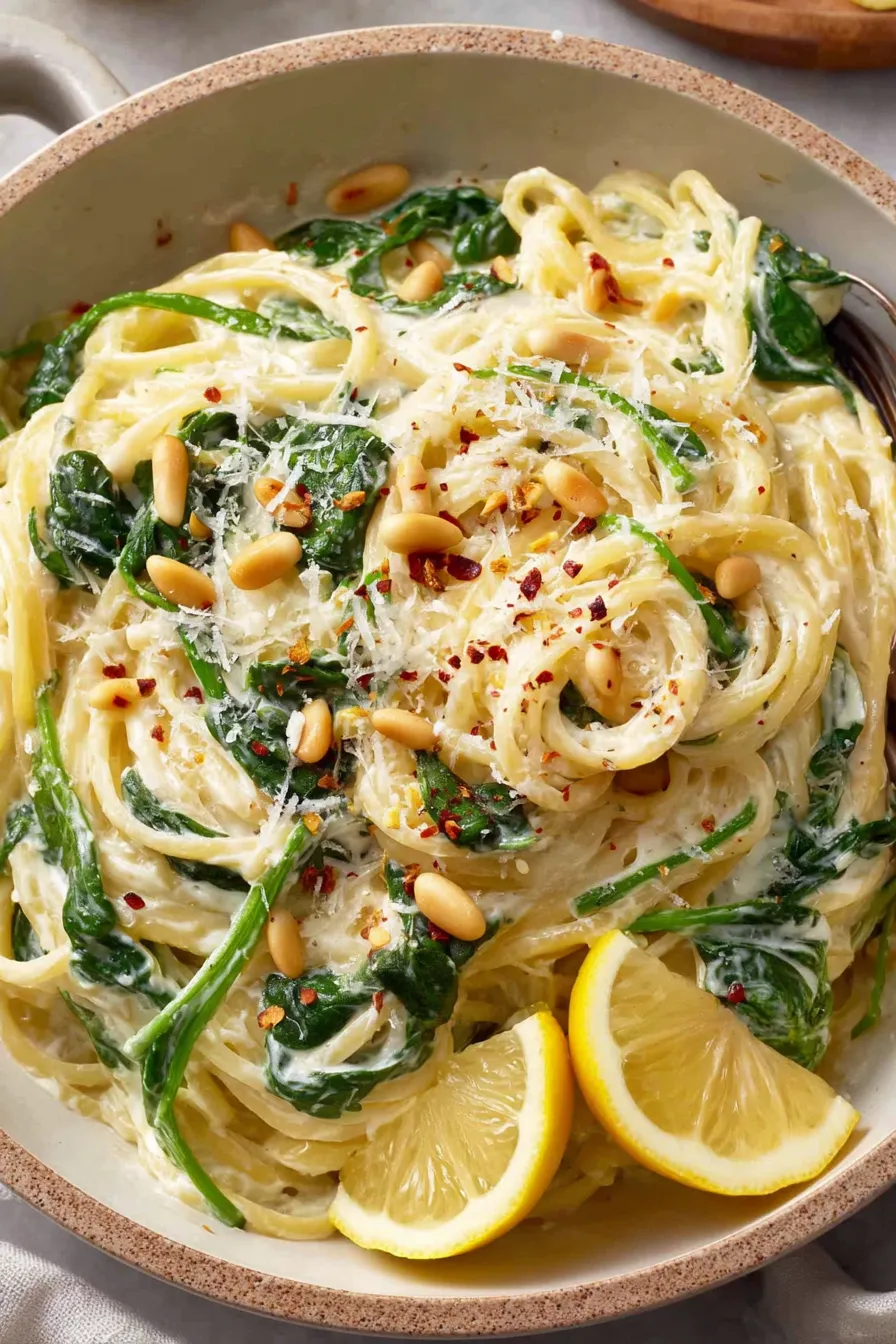 Creamy lemon ricotta pasta with spinach and toasted pine nuts